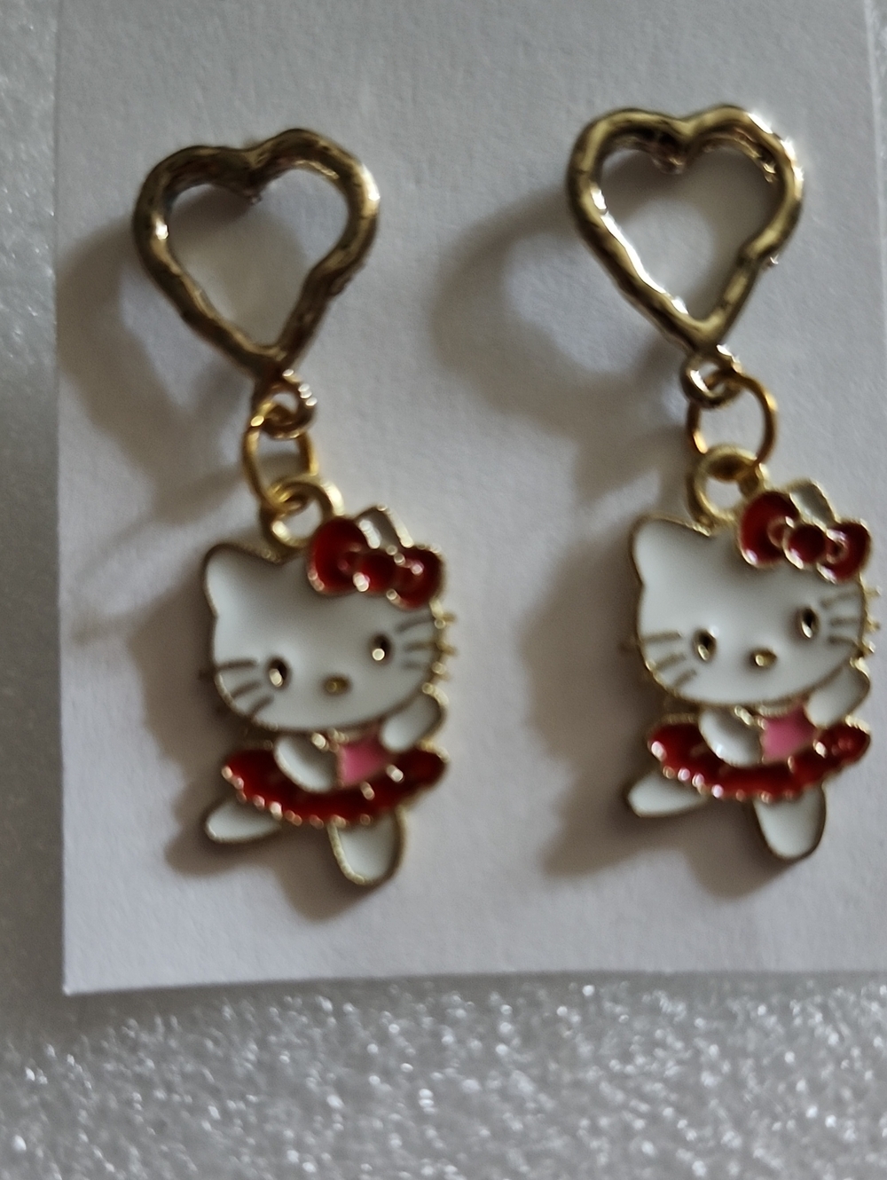 Hand Crafted Gold-Tone White and Red Hello Kitty Heart Drop Earrings